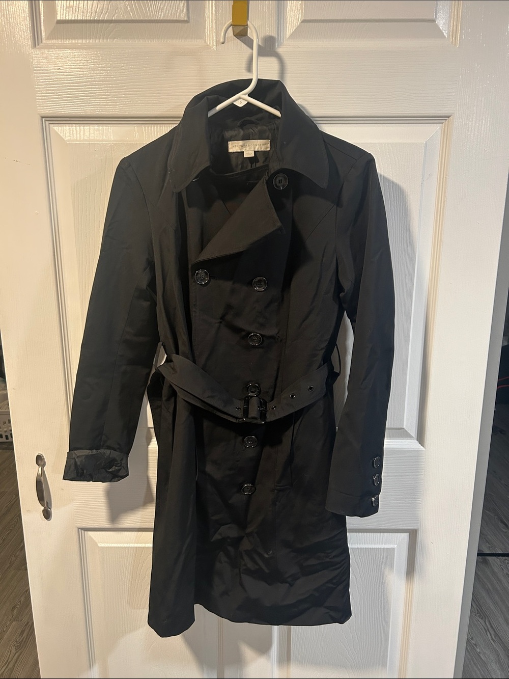 New York & Company Black Double-Breasted Trench Coat with Belt